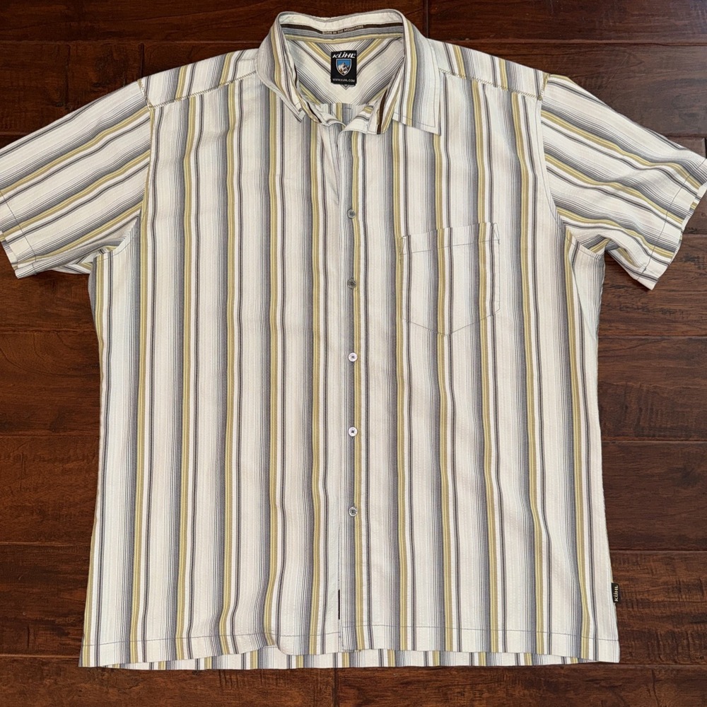 Kuhl Suncel Mens Button Front Shirt Size XXL Yellow Stripes Seersucker